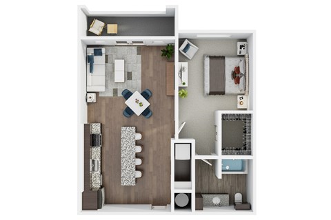 A top-down view of a small apartment with a kitchen, living room, and bathroom.